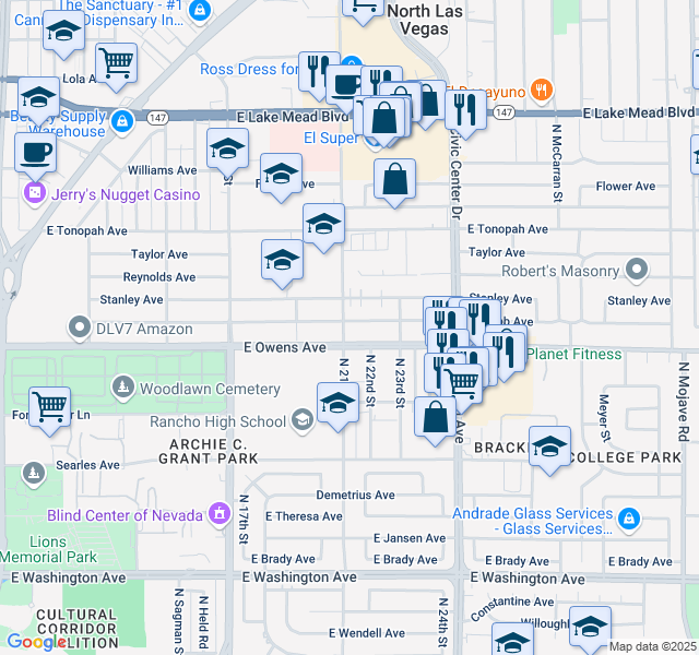 map of restaurants, bars, coffee shops, grocery stores, and more near 2001 East Webb Avenue in North Las Vegas