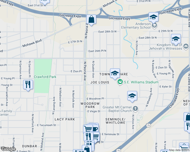 map of restaurants, bars, coffee shops, grocery stores, and more near 2431 North Quaker Avenue in Tulsa