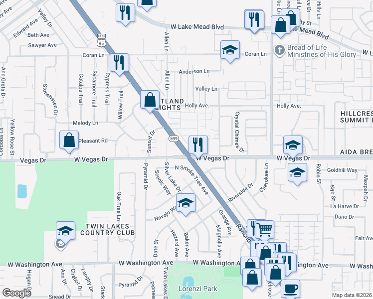 map of restaurants, bars, coffee shops, grocery stores, and more near 1610 Tonopah Highway in Las Vegas
