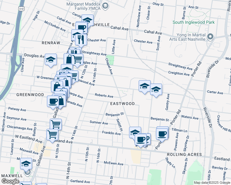 map of restaurants, bars, coffee shops, grocery stores, and more near 1116B Chapel Ave in Nashville