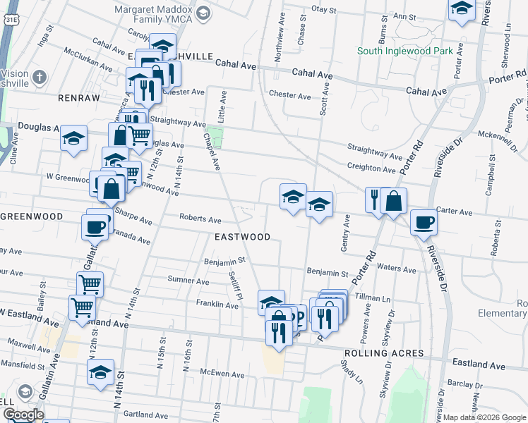 map of restaurants, bars, coffee shops, grocery stores, and more near 1112 Matthews Place in Nashville