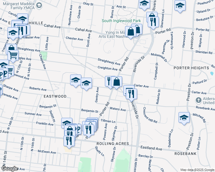 map of restaurants, bars, coffee shops, grocery stores, and more near 2033 Greenwood Avenue in Nashville