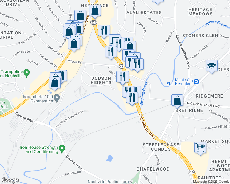 map of restaurants, bars, coffee shops, grocery stores, and more near 7010 Cortez Court in Nashville