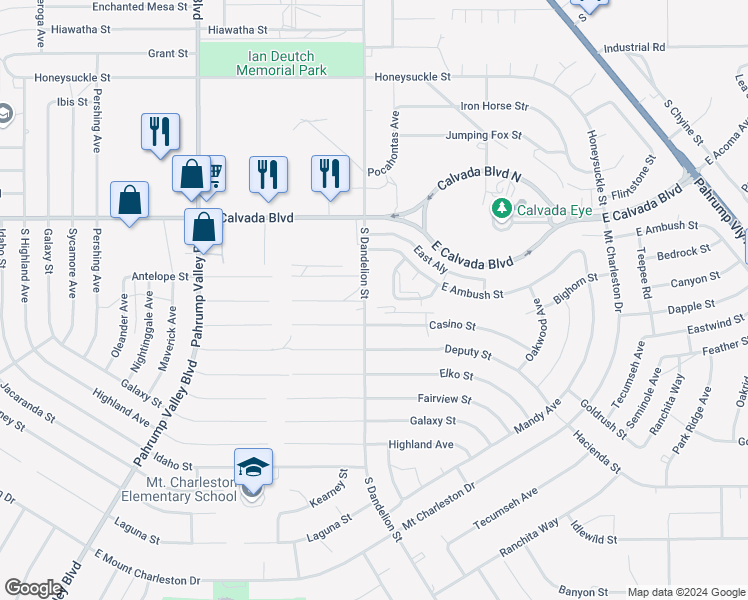 map of restaurants, bars, coffee shops, grocery stores, and more near 2081 South Dandelion Street in Pahrump