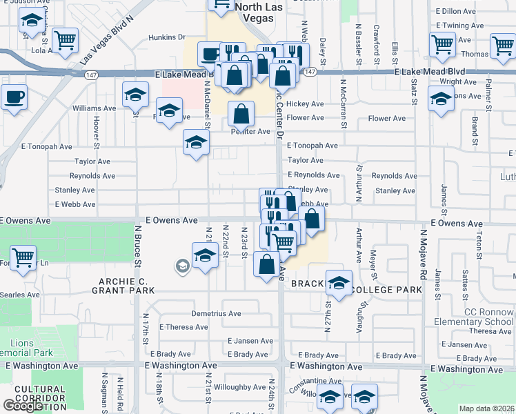 map of restaurants, bars, coffee shops, grocery stores, and more near 2213 East Webb Avenue in North Las Vegas