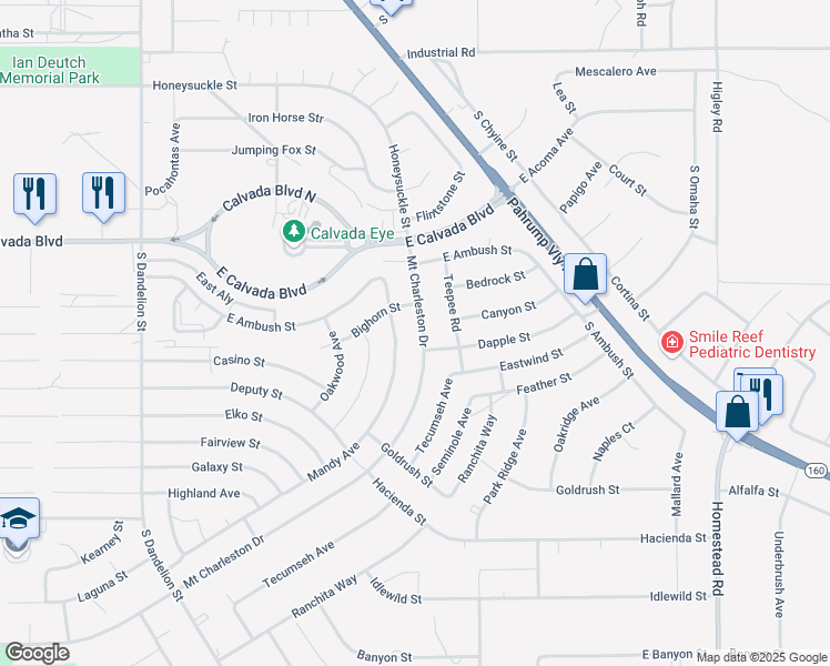 map of restaurants, bars, coffee shops, grocery stores, and more near Mount Charleston Drive in Pahrump