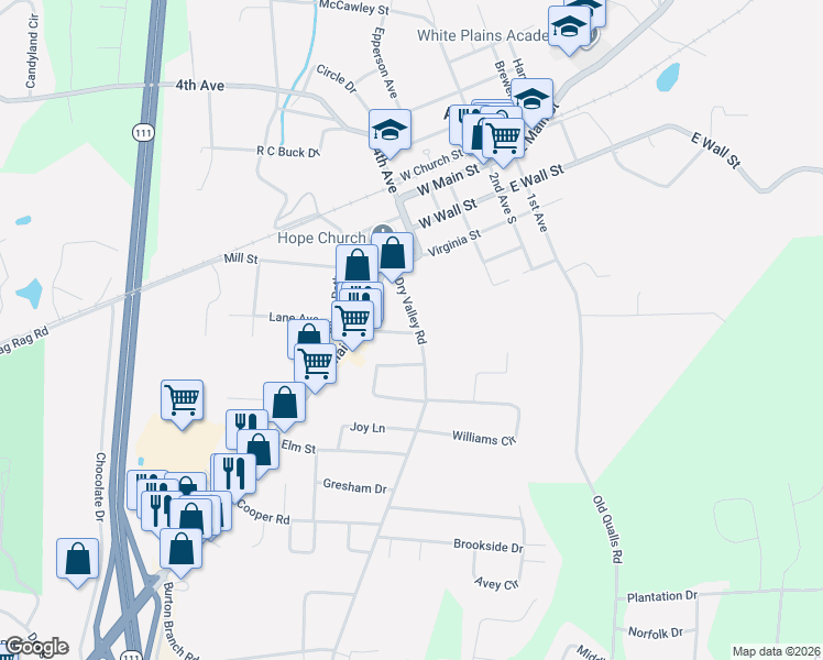 map of restaurants, bars, coffee shops, grocery stores, and more near 166 Dry Valley Road in Cookeville
