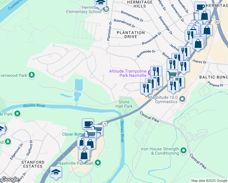map of restaurants, bars, coffee shops, grocery stores, and more near 4100B Stone Hall Boulevard in Nashville