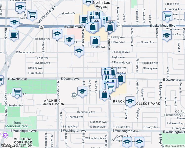 map of restaurants, bars, coffee shops, grocery stores, and more near 2105 East Webb Avenue in North Las Vegas