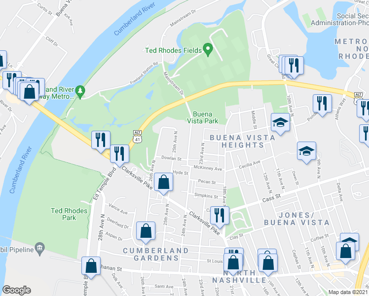 map of restaurants, bars, coffee shops, grocery stores, and more near 2209 24th Avenue North in Nashville