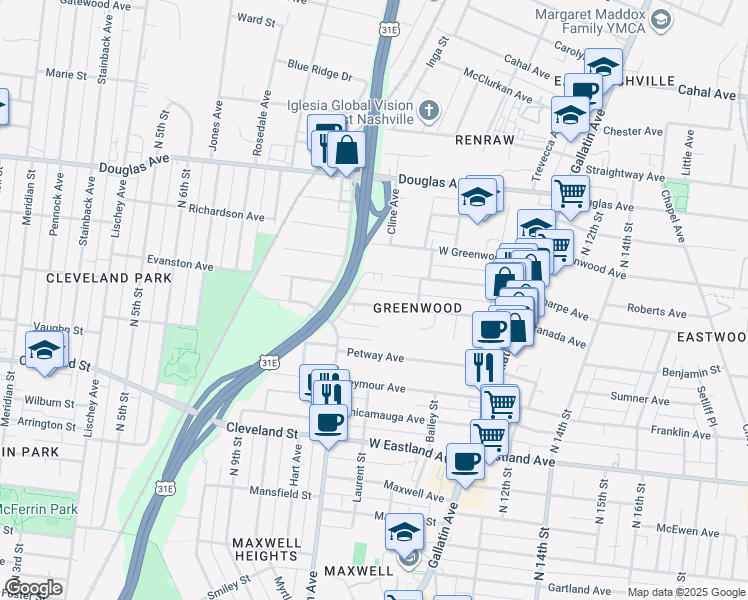 map of restaurants, bars, coffee shops, grocery stores, and more near 913 Granada Avenue in Nashville