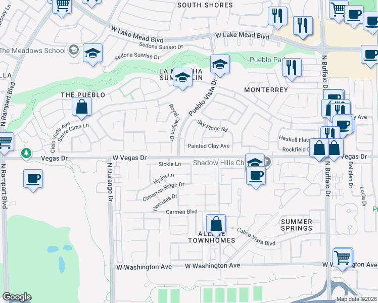 map of restaurants, bars, coffee shops, grocery stores, and more near 1604 Wandering Winds Way in Las Vegas
