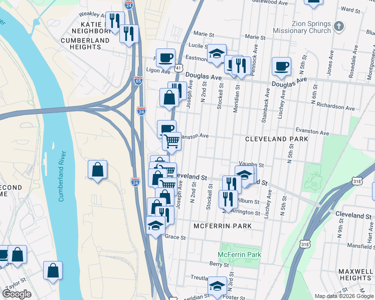 map of restaurants, bars, coffee shops, grocery stores, and more near 1004 Joseph Avenue in Nashville