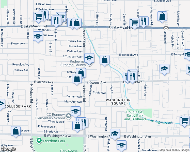 map of restaurants, bars, coffee shops, grocery stores, and more near 1650 North Pecos Road in Las Vegas