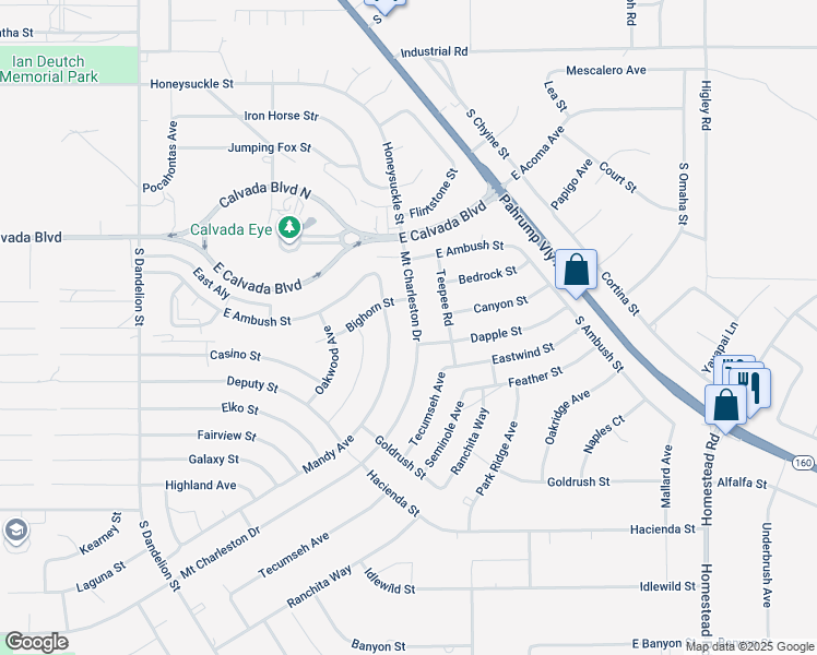 map of restaurants, bars, coffee shops, grocery stores, and more near 2120 South Mount Charleston Drive East in Pahrump