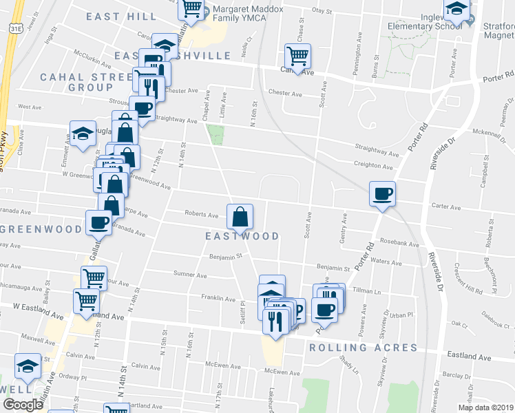 map of restaurants, bars, coffee shops, grocery stores, and more near 1716 Greenwood Avenue in Nashville