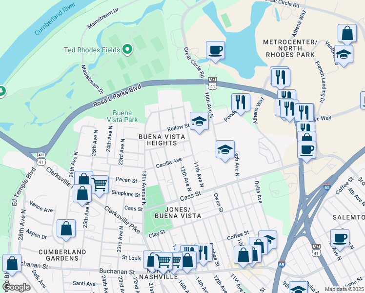 map of restaurants, bars, coffee shops, grocery stores, and more near 1201 Walsh Street in Nashville