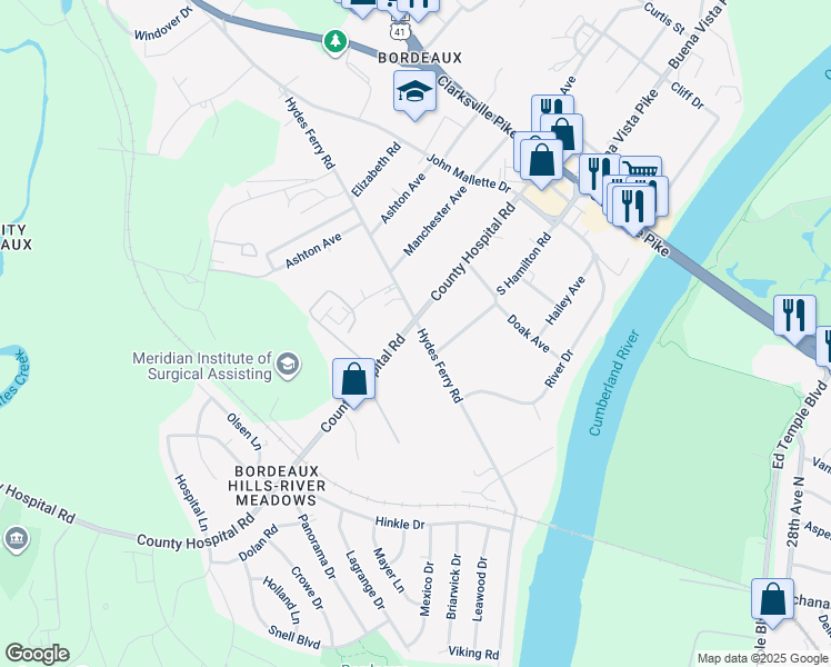 map of restaurants, bars, coffee shops, grocery stores, and more near 1612 County Hospital Road in Nashville