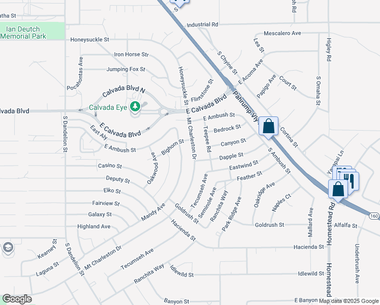 map of restaurants, bars, coffee shops, grocery stores, and more near 200 South Mount Charleston Drive East in Pahrump