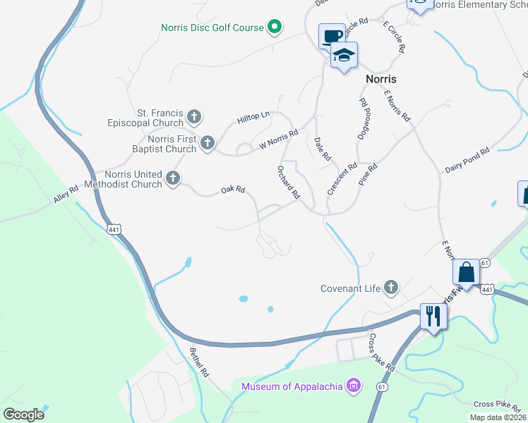 map of restaurants, bars, coffee shops, grocery stores, and more near 156 Garden Road in Norris