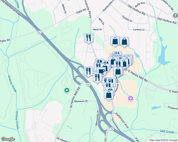 map of restaurants, bars, coffee shops, grocery stores, and more near East Hanes Mill Road in Winston-Salem
