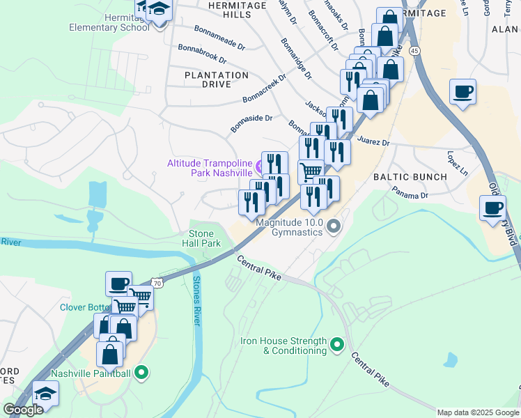 map of restaurants, bars, coffee shops, grocery stores, and more near 1004 Hickory Hill Lane in Nashville