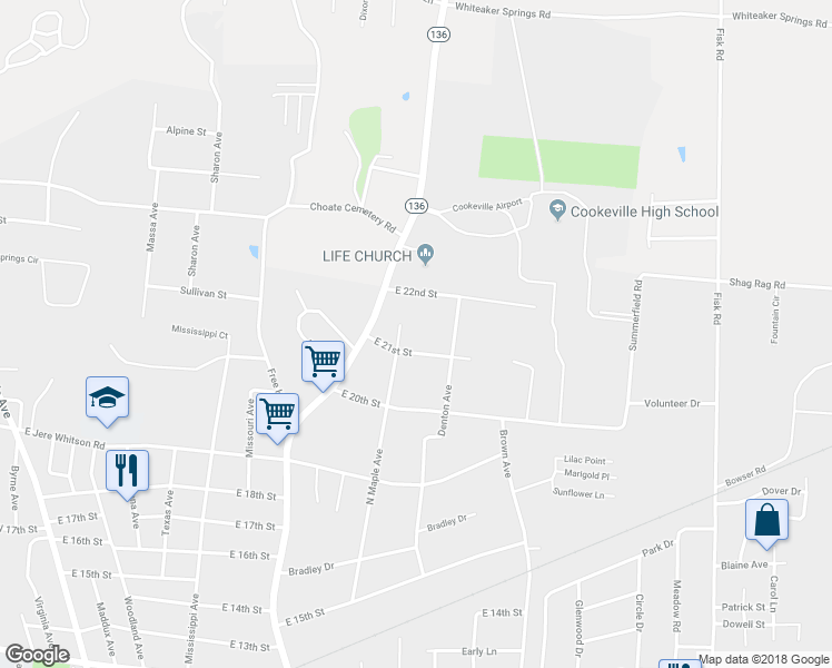 map of restaurants, bars, coffee shops, grocery stores, and more near 2125 North Maple Avenue in Cookeville