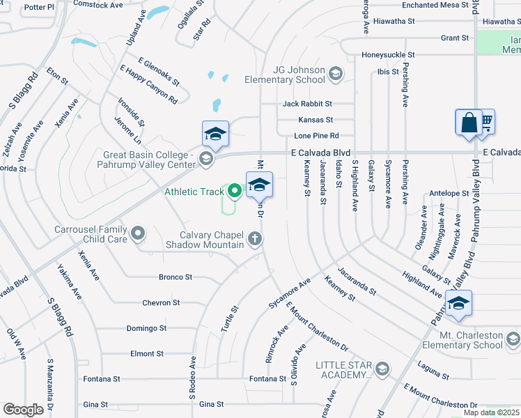 map of restaurants, bars, coffee shops, grocery stores, and more near Mount Charleston Drive in Pahrump