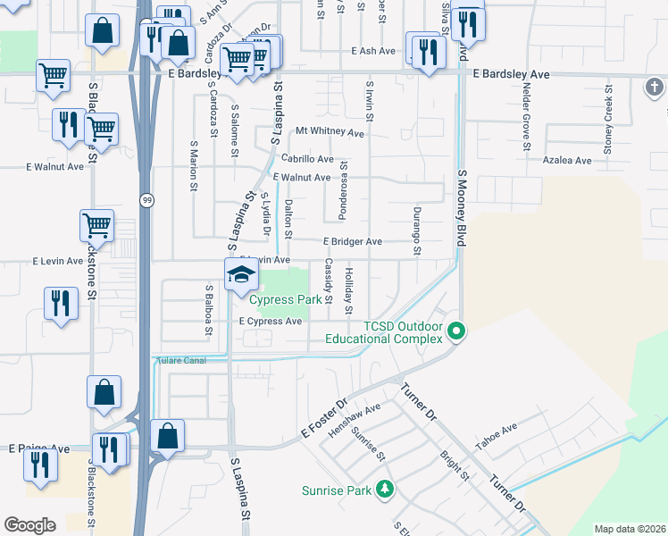 map of restaurants, bars, coffee shops, grocery stores, and more near 1815 Holliday Street in Tulare