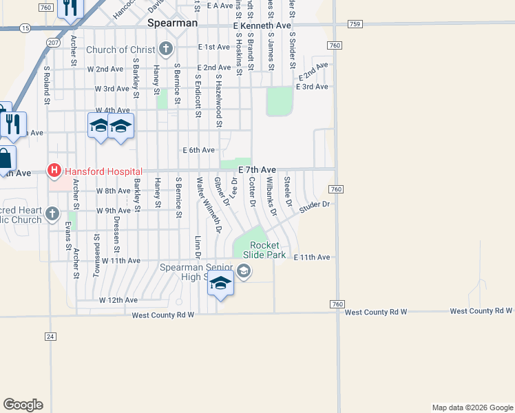 map of restaurants, bars, coffee shops, grocery stores, and more near 721 Cotter Drive in Spearman