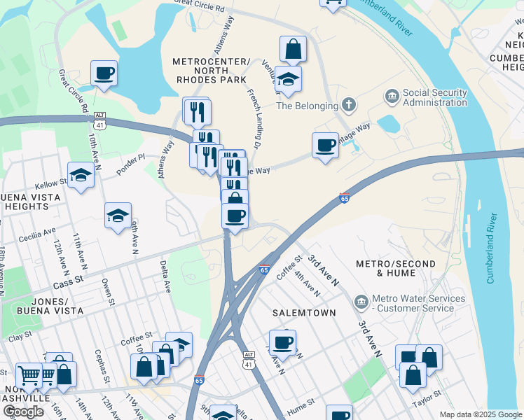 map of restaurants, bars, coffee shops, grocery stores, and more near 101 French Landing Drive in Nashville