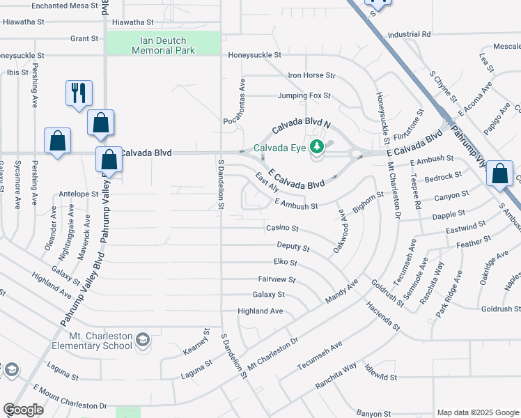 map of restaurants, bars, coffee shops, grocery stores, and more near 1491 East Big Horn Street in Pahrump