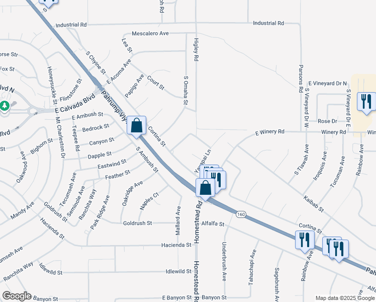 map of restaurants, bars, coffee shops, grocery stores, and more near 1960 Blue Lane in Pahrump