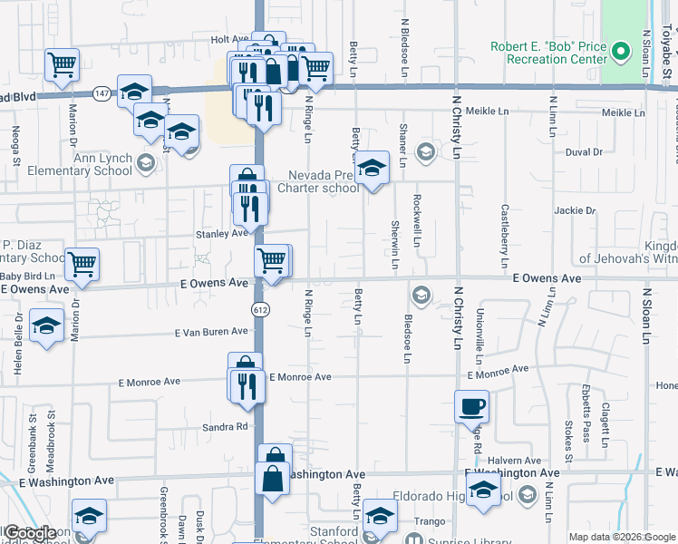 map of restaurants, bars, coffee shops, grocery stores, and more near 1607 White Skies Court in Las Vegas