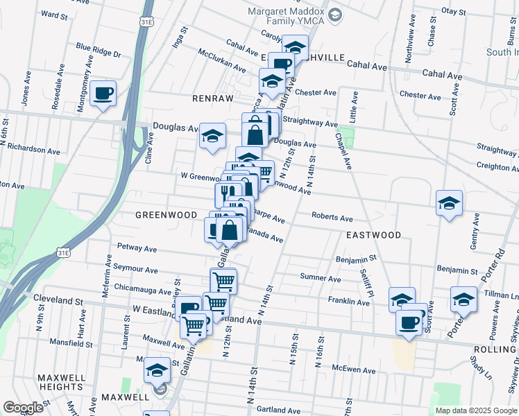 map of restaurants, bars, coffee shops, grocery stores, and more near 1109 Sharpe Avenue in Nashville