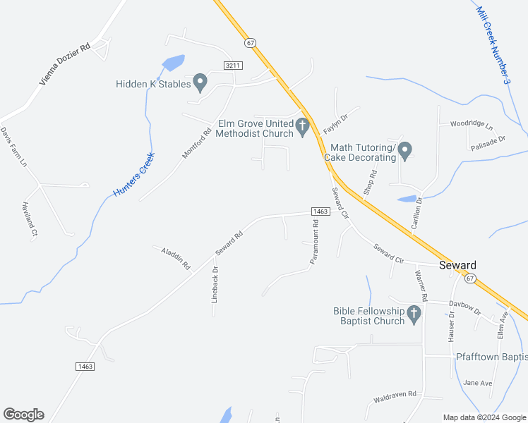 map of restaurants, bars, coffee shops, grocery stores, and more near 4695 Seward Road in Pfafftown