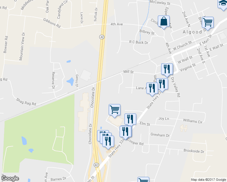 map of restaurants, bars, coffee shops, grocery stores, and more near 237 Mill Street in Cookeville