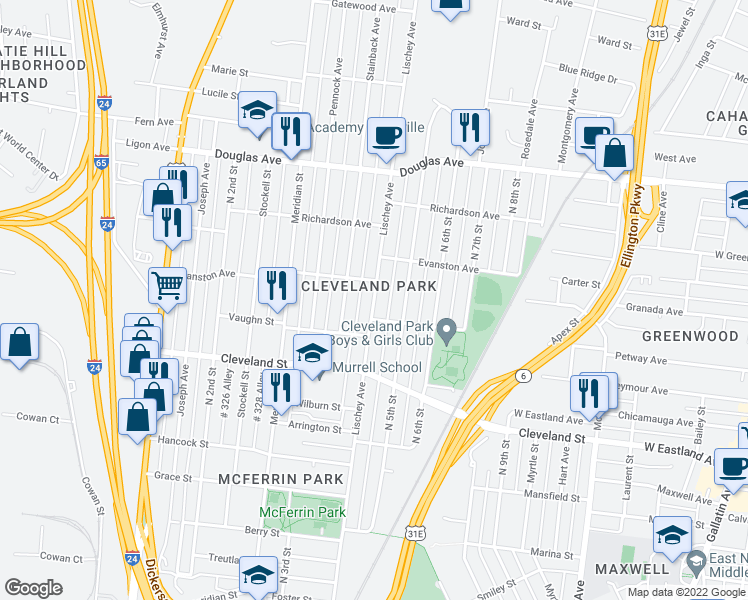 map of restaurants, bars, coffee shops, grocery stores, and more near 1012 Lischey Avenue in Nashville