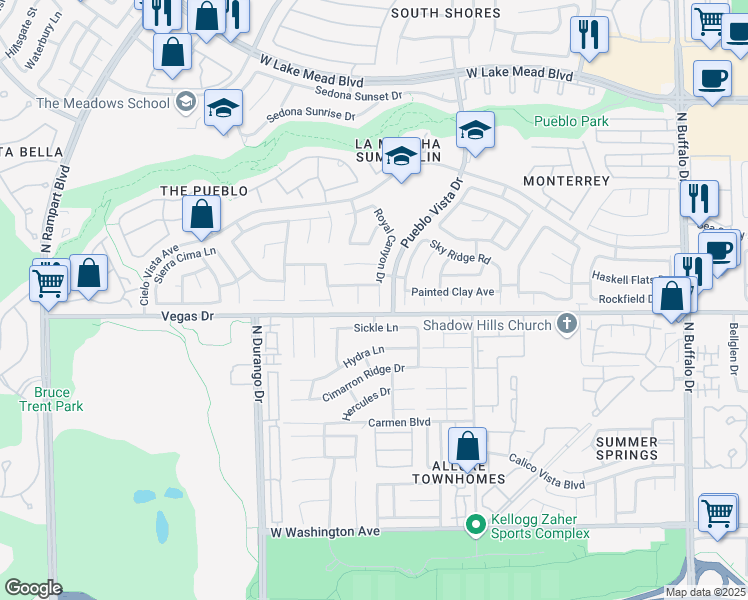 map of restaurants, bars, coffee shops, grocery stores, and more near 1613 Royal Canyon Drive in Las Vegas