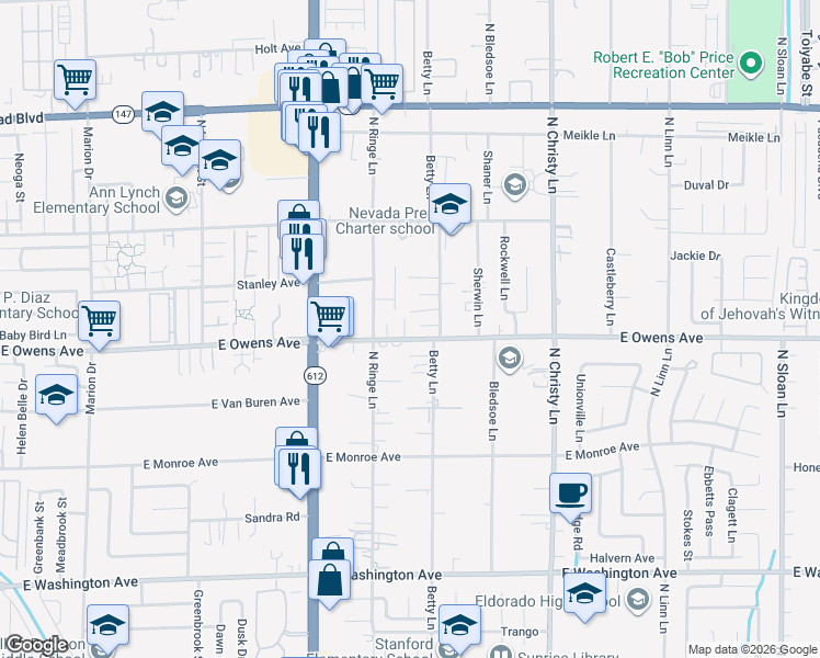 map of restaurants, bars, coffee shops, grocery stores, and more near 1607 White Skies Court in Las Vegas