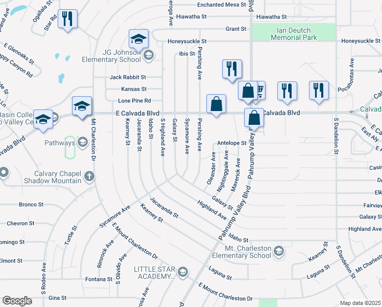 map of restaurants, bars, coffee shops, grocery stores, and more near 2100 Pershing Avenue in Pahrump