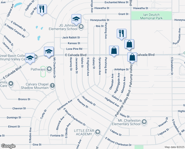 map of restaurants, bars, coffee shops, grocery stores, and more near 2101 Galaxy Street in Pahrump