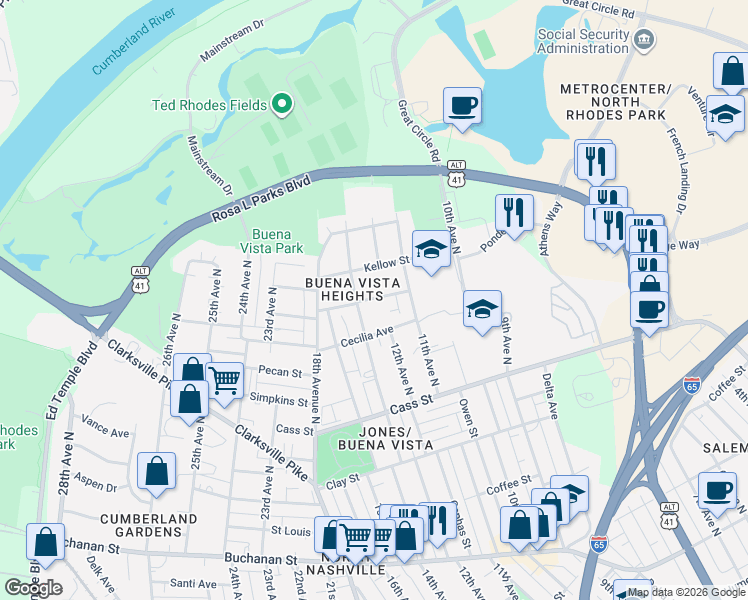 map of restaurants, bars, coffee shops, grocery stores, and more near 1201 Walsh Street in Nashville