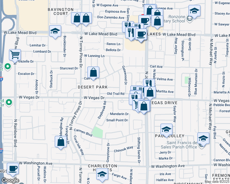map of restaurants, bars, coffee shops, grocery stores, and more near 6208 Old Trail Road in Las Vegas