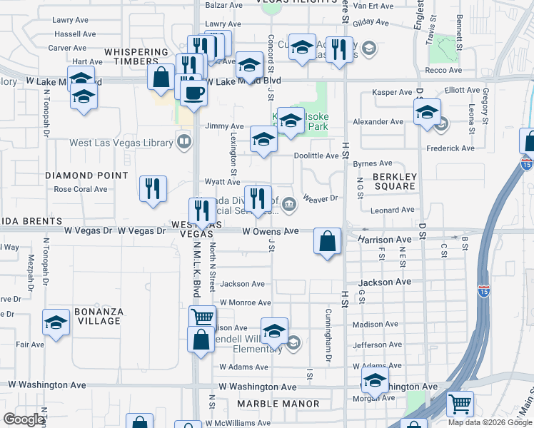 map of restaurants, bars, coffee shops, grocery stores, and more near 1616 North J Street in Las Vegas