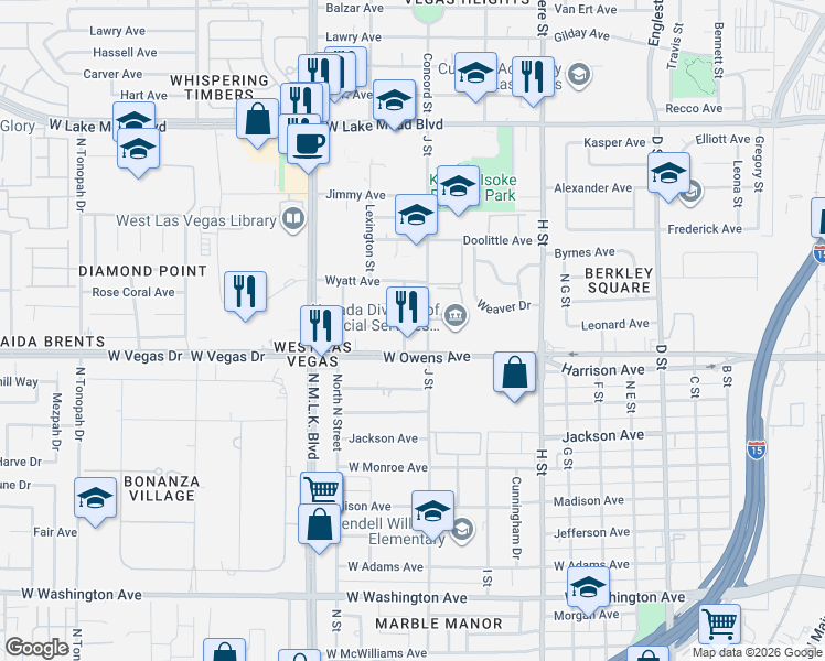 map of restaurants, bars, coffee shops, grocery stores, and more near 1616 North J Street in Las Vegas