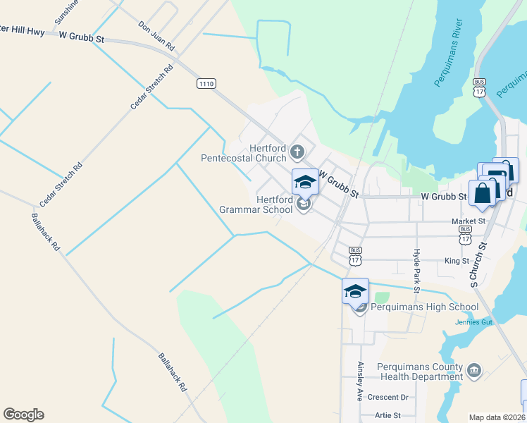 map of restaurants, bars, coffee shops, grocery stores, and more near 219 Woodland Circle in Hertford