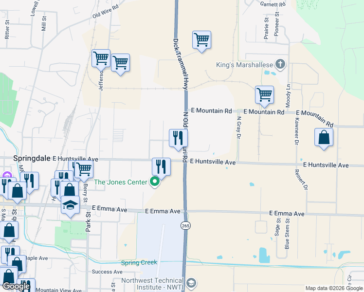map of restaurants, bars, coffee shops, grocery stores, and more near 1300 Rockline Way in Springdale