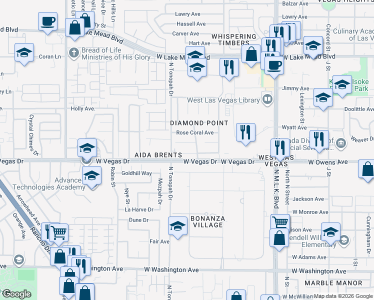 map of restaurants, bars, coffee shops, grocery stores, and more near 2020 Garnet Gable Avenue in Las Vegas