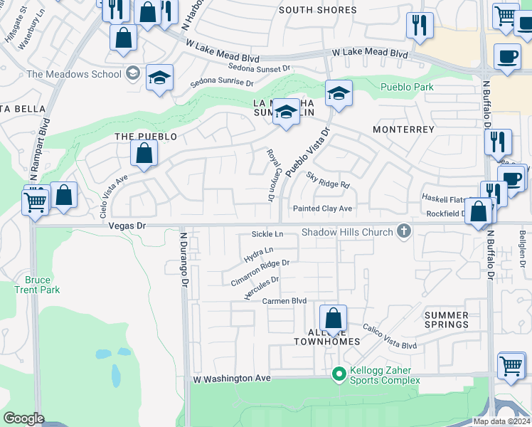 map of restaurants, bars, coffee shops, grocery stores, and more near 1613 Royal Canyon Drive in Las Vegas